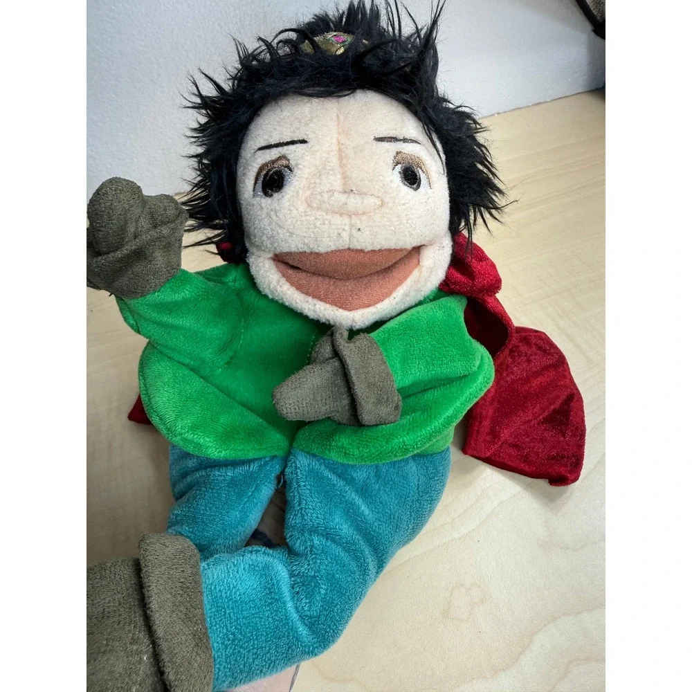 Prince Hero Hand Puppet with Red Velvet Dragon Crest Cape Black Hair Crown Plush
